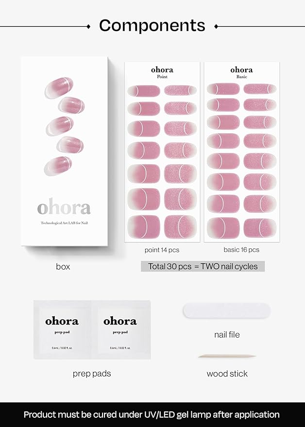 ohora Semi Cured Gel Nail Strips (N Mute Line) - Pink, French, Ombre, Works with Any UV/LED Lamps, Salon-Quality, Long Lasting, Easy to Apply & Remove - Includes 2 Prep Pads, Nail File & Wooden Stick