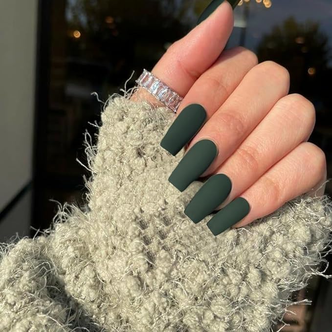 KQueenest Matte Dark Green Press on Nails Long Medium Square, Fake Nails Medium Coffin, Opaque Color Acrylic Nails Press ons, Reusable Soft Gel Glue on Nails for Women Fall Winter