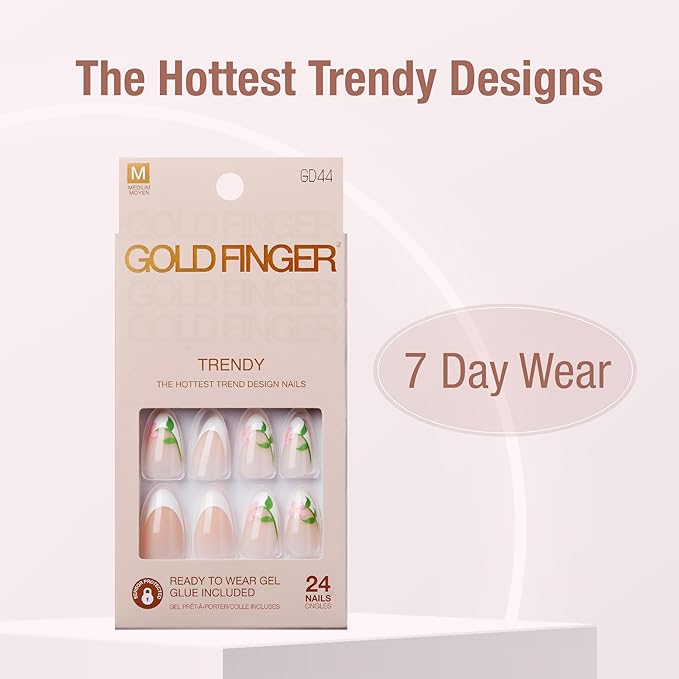 GoldFinger 24 Pcs Press On Nails, Medium Almond Fake Nails, Flower French Tip Gel Stick On Extensions, Reusable Full Cover False Nail Kit with Glue, Manicure Stick & File, 7 Day Long Lasting Wear