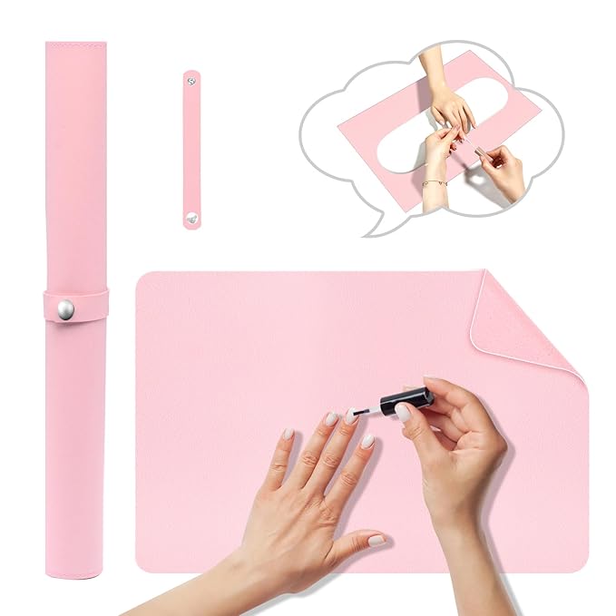 Nail Art Table Mat,Foldable Nail Arm Rest Pad for Nails,Soft Microfiber PU Leather Nail Table Pad, Waterproof Nail Mat For Nail Tech, Manicure Pad for Nail Technician Salon Home-Pink