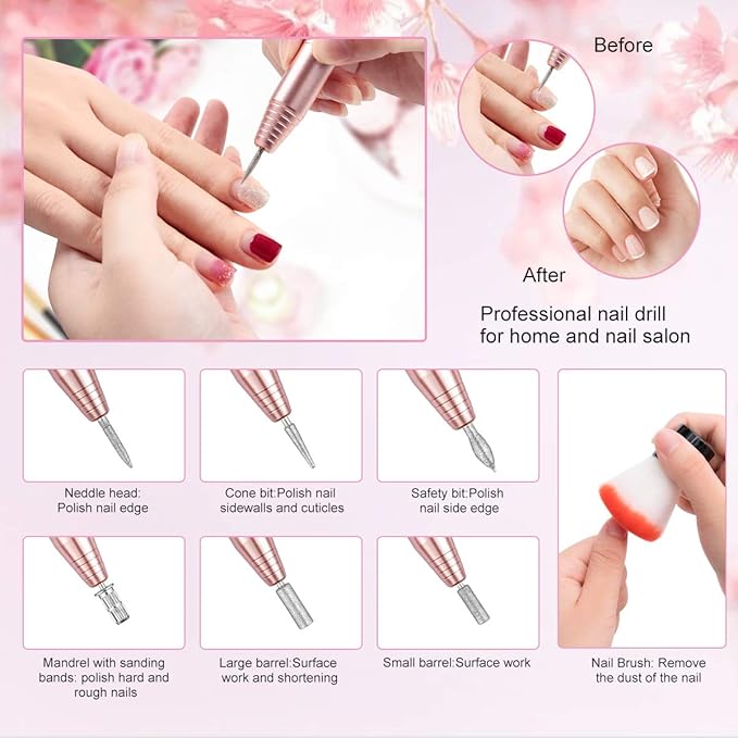 Portable Nail Drill Electric Nail File Professional 20000 RPM Manicure Pedicure Machine Nail File Drill Kit with Sanding Bands,Nail Drill Bits and Brushes for Acrylic Gel Nails(Gold)