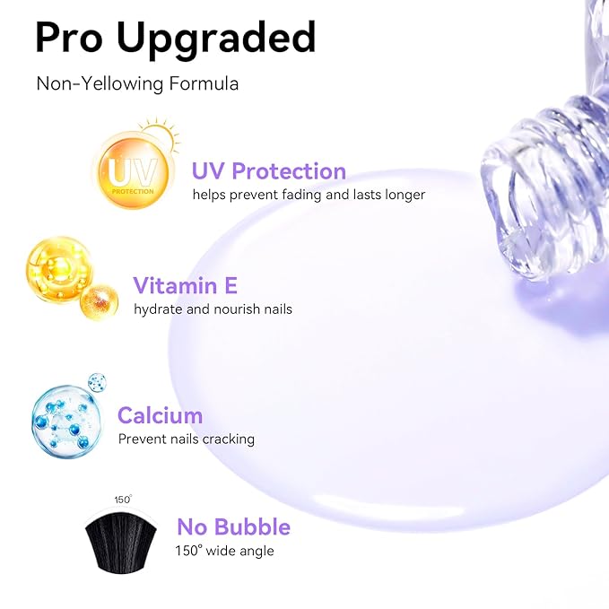 Clear Nail Polish Base Top Coat Anti-UV, 2PCS Rich in Calcium VE Nail Strengthener, High Shine Top Coat Chip Resistant Quick Air Dry Prevents Discoloration, Vegan Cruelty-free