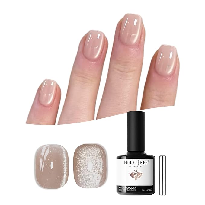 modelones Silk Cat Eye Gel Nail Polish,Pearl Nude Gel Polish Glitter Glass Polish with Magnet Soak Off Led Shimmer Shell Valentin 15 ML
