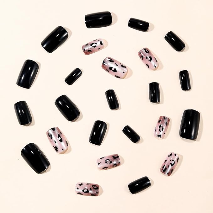 Black Leopard Press on Nails Short Square Fake Nails Glossy Cat Eye False Nails Press ons Reusable Artificial Nail Full Cover Gradient Stick on Nails for Women Manicure 24Pcs
