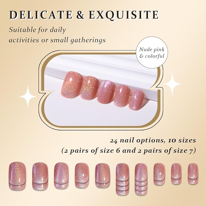 Cat Eye Pink Glitter Press On Nails Short Square, Designer Reusable Acrylic Fake Nails with Glue, Glossy Soft Gel Nails Wedding and Party, Stick On Glue On Nail, Nails Press Ons for Women