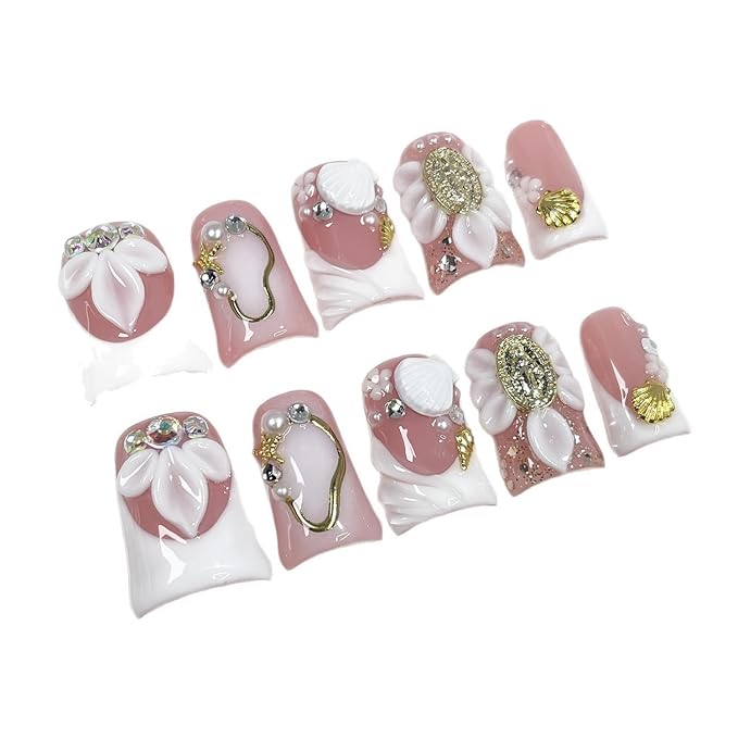 Handmade Press on Nails Short Duck Fake Nails French False Nails White Flower Acrylic Nails Full Cover Reusable Rhinestones 3D Shell Fake Nails for Women Girls Accessories (Size M)