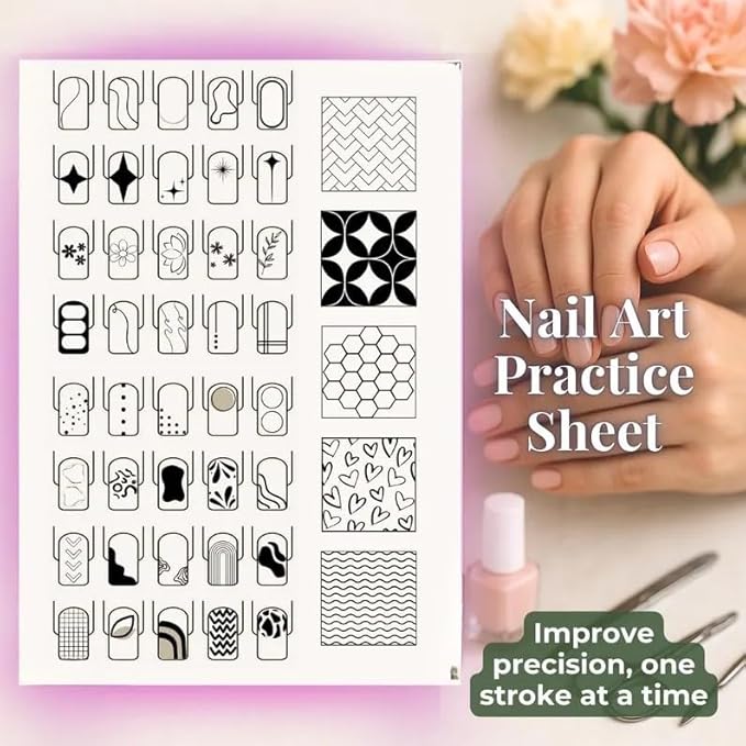 Gel & Acrylic Nail art Practice Sheet,Reusable Nail Art Training mat DIY Sticker Stencil Guide French Tip stiletto Nail Sculpting 3D Nail Design Worksheet Nail Tech Practice Gel X acrylic nails (18)