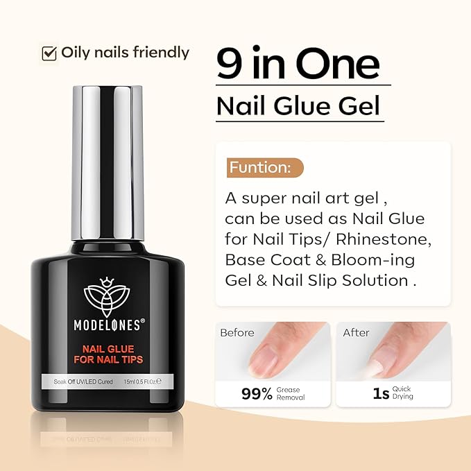 modelones Gel Nail Polish Kit - Long Lasting Glossy Top Coat & Base Coat with Nail Glue - Non-Toxic, Vegan, Formalde Free - 0.5 Fl Oz (Pack of 1) - 15 ml