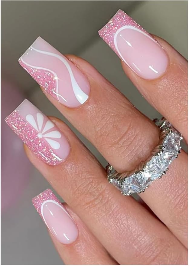 JMEOWIO Gel Nail Stickers Pink Glitter White Flower French Tip Semi Cured Gel Nail Strips Wraps UV/LED Nails Art Design Decoration Accessories