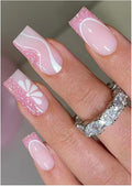 JMEOWIO Gel Nail Stickers Pink Glitter White Flower French Tip Semi Cured Gel Nail Strips Wraps UV/LED Nails Art Design Decoration Accessories
