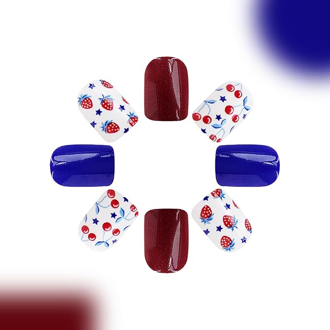 4th of July Press on Nails Short Square Fake Nails with America Flag Design Patriotic Pattern False Nails Strawberry Cherry Stick on Nails Glossy Acrylic Press on Nails for Independence Day 24Pcs