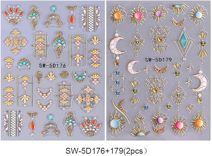 Gold Nail Art Stickers Sun Moon Nail Decals for Nails Art Flower with Design Nails Stickers 5D Embossed Self Adhesive for Women Girls Kid Manicure DIY Charms Decoration 2 Sheets