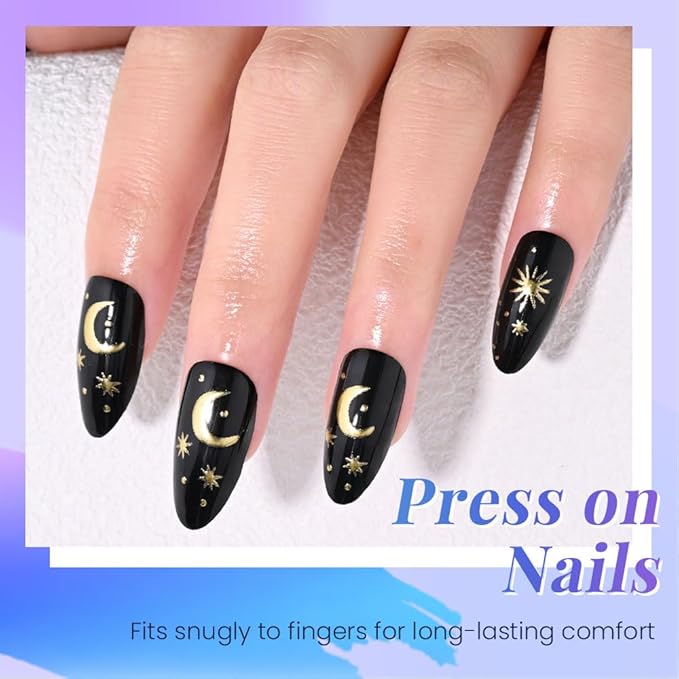 Black Star Moon Press on Nails, Long Almond Acrylic Fake Nails Design, Natural Reusable Glue-On Nails Kit for Women DIY 3D False Nail Art Decoration Gift, Salon Quality Reusable 15/30 Psc