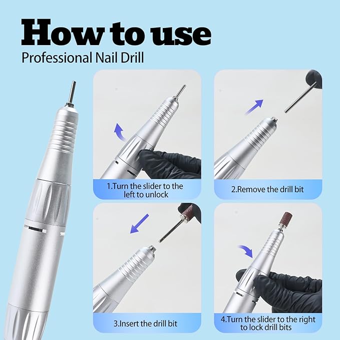 Professional Nail Drill File 45000RPM Electric Portable Nails Drills Kit with Rechargeable 7 uñas Bits Cordless Efile for Poly Gel Acrylic Nails Remover Home Salon Pedicure Manicure Tool (White)