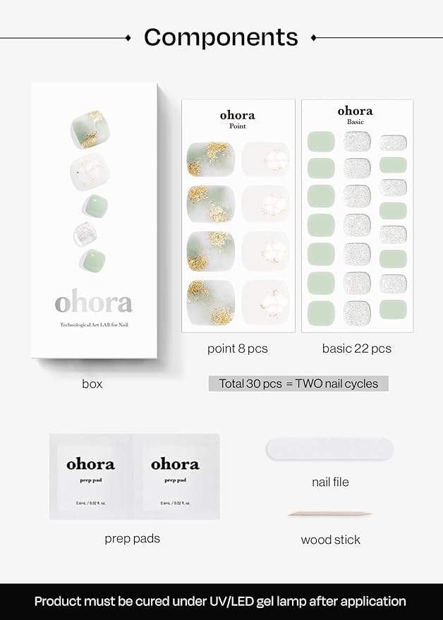 ohora Semi Cured Gel Pedi Strips (P Komorebi) - Green, White, Works with Any UV/LED Lamps, Salon-Quality, Long Lasting, Easy to Apply & Remove - Includes 2 Prep Pads, Nail File & Wooden Stick
