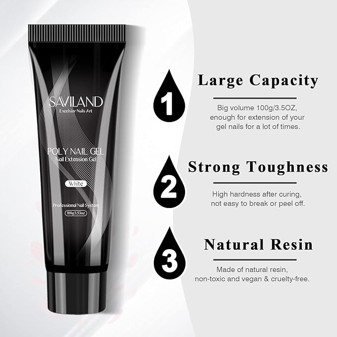 SAVILAND Poly Gel-100 G Milky White Color Poly Nail Gel, Large Capacity Extension Durable Gel for Nail Strengthener, Long-Lasting, Easy to Use for Starter & Professional Manicure DIY Art Home Salon