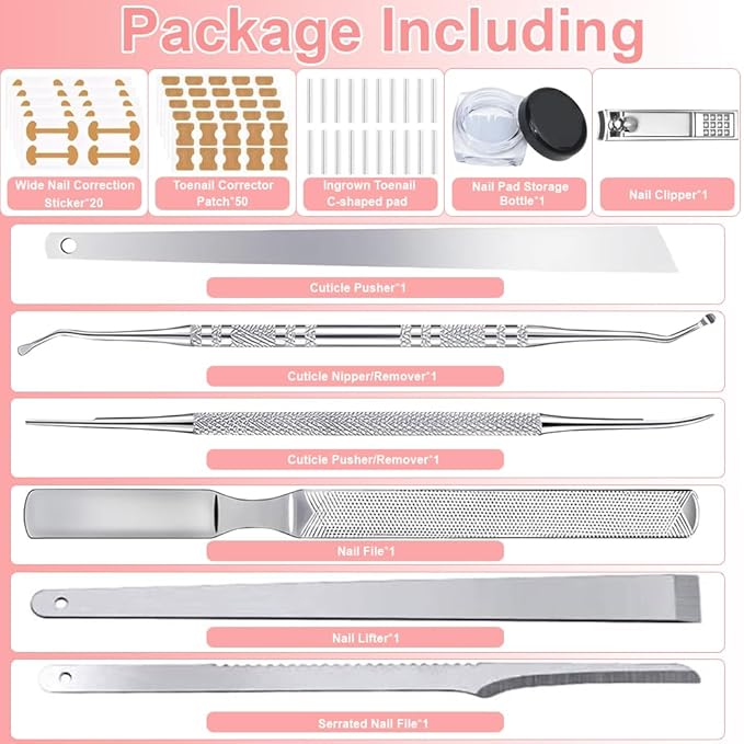 Ingrown Toenail Removal Kit,Professional Toenail Tool Kit Includes Breathable Toenail Strips, Curved Toenails Corrector Patch, Painless File and Lifter Pedicure Tools, Professional Pedicure Tool
