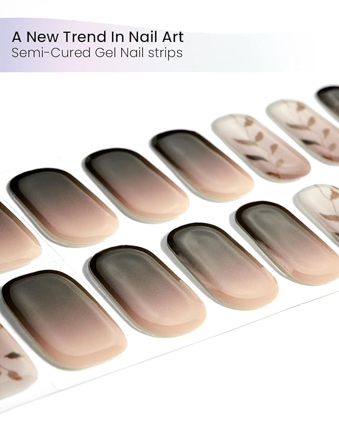 Semi Cured Gel Nail Strips | Built-In Gel Top Coat | UV Light Required | Salon Quality, Easy Application And Removal (Mocha Leaf Elegy）