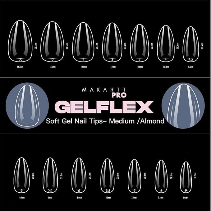 MakarttPro GelFlex Soft Gel Nail Tips 500pc Box – Medium Almond Shape – 14 Sizes 00–9 – Clear Soft Gel Tips for Nail Extension – Easy to Apply, Lightweight, Professional Salon Quality