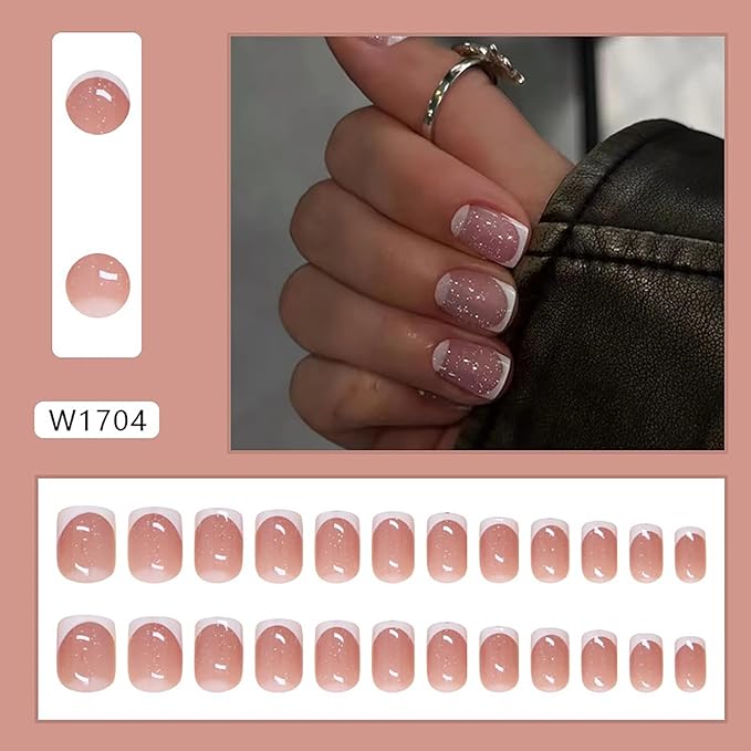 Press on Nails Short Square MABKJLF White French Tip Fake Nails False Nails with Designs Glitter Full Cover Glossy Glue on Nails Stick on Nails Acrylic Nails for Women Girls 24 Pcs