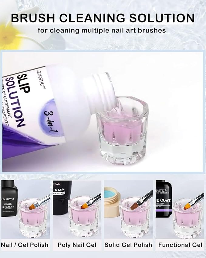 LOUINSTIC Poly Nail Gel Slip Solution - 4oz Slip Solution for Poly Nail Extension Gel, Anti-Stick Slip Solution for Nails, Brush Clean Liquid, Easy to Use, Beginners, Home Salon