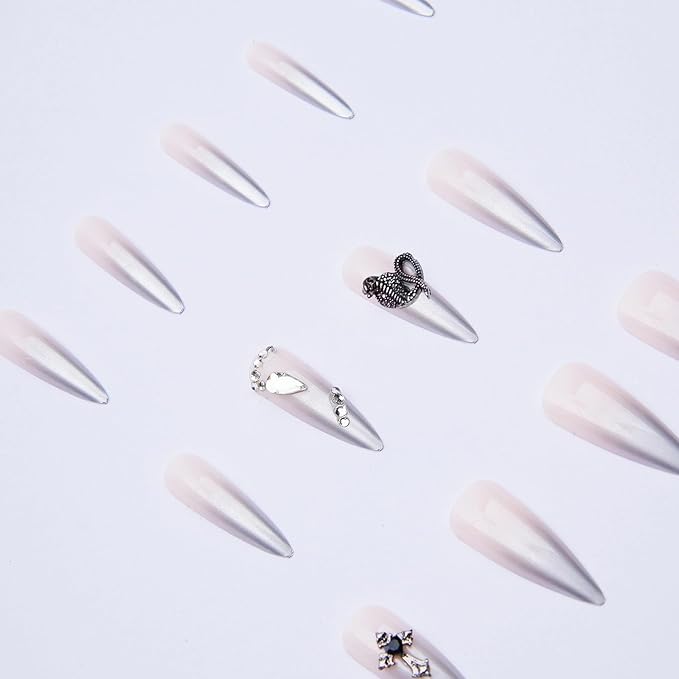 MISUD Press on Nails - Long Stiletto Fake Nails with Silver Chrome, Acrylic Goth Y2K Charms Design 24 pcs