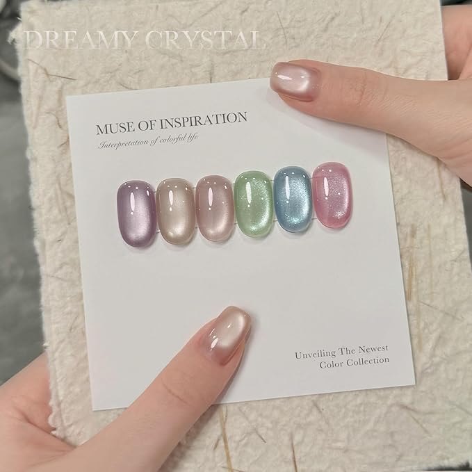 GAOY Summer Gel Nail Polish Set, 6 Icy Sheer Cat Eye Gel, Crystal Clear Holographic Nail Art for Beach Vacations & Pool Party Glam