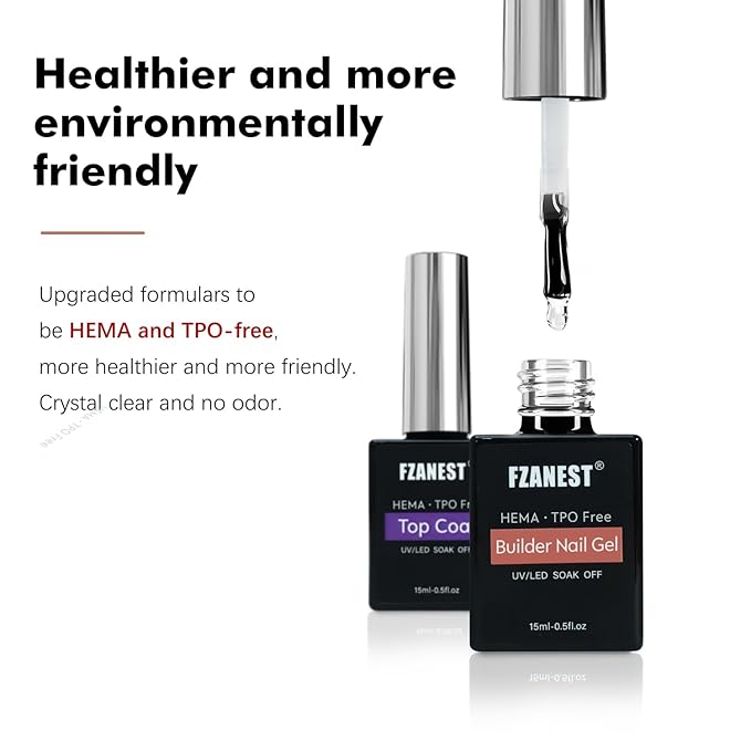 FZANEST Builder Nail Gel and Top Coat, 15ml * 2Pcs Hema & TPO-Free Builder Gel Nail Kit Strengthen Extension No Wipe Ultra Shine Top Coat Nail Polish Soak Off UV Led