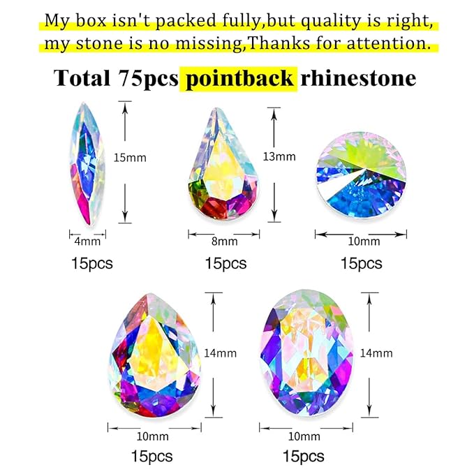 Dong ZHOU 75 Pieces DIY Nail Art Rhinestone Crystal AB Glass Rhinestone Nail Set Loose Beads Crystal Sewing On Stone Pointed Back Jewelry Rhinestone Gems Decorations for Nail Art Craft