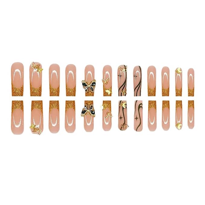 RTKHFZE Long Press on Nails Square Fake Nails Gold Glitter French Tip Acrylic False Nails with Designs Nails Tip Gold Butterfly and Rhinestones Full Cover Glue on Nails for Women Nail Decorations