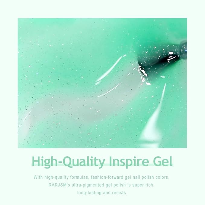 RARJSM Rainbow Glitter Gel Nail Polish Clear Pastel Green Chunky Sparkle Shimmer Jelly Iridescent Transparent Light Green Gel Polish Single Bottle Soak off UV LED Cured for Home Salon Manicure 15ML