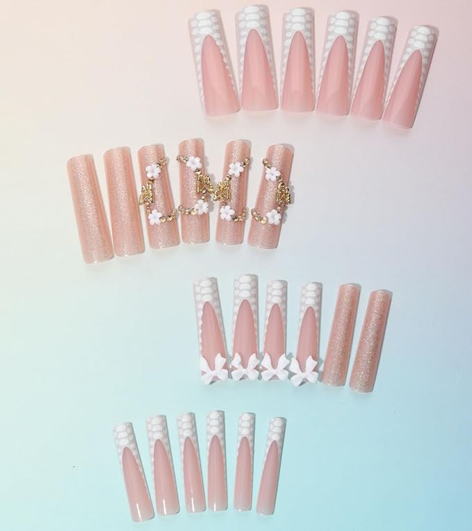 Press on Nails Square - Extra Long Fake Nails with 3D Flowers and Bows, White French Tips Pink False Nail with Glue Sticker, Stick On Nails for Women, 12 Sizes - 24 Nail Kit, Gilded Accents