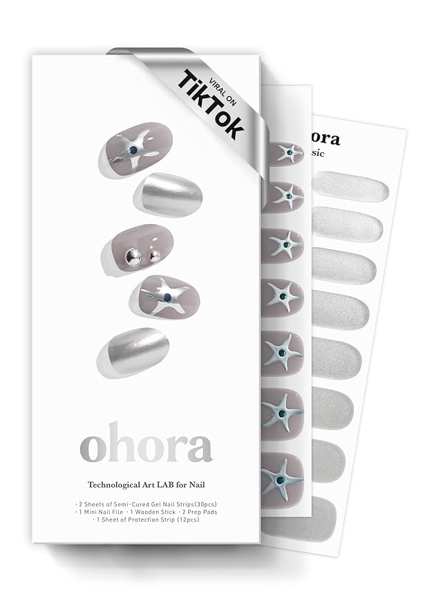 ohora Semi Cured Gel Nail Strips (N Chrome Muse) - Works with Any Lamps, Salon-Quality, Long Lasting, Easy to Apply & Remove - Includes 2 Prep Pads, Nail File & Wooden Stick