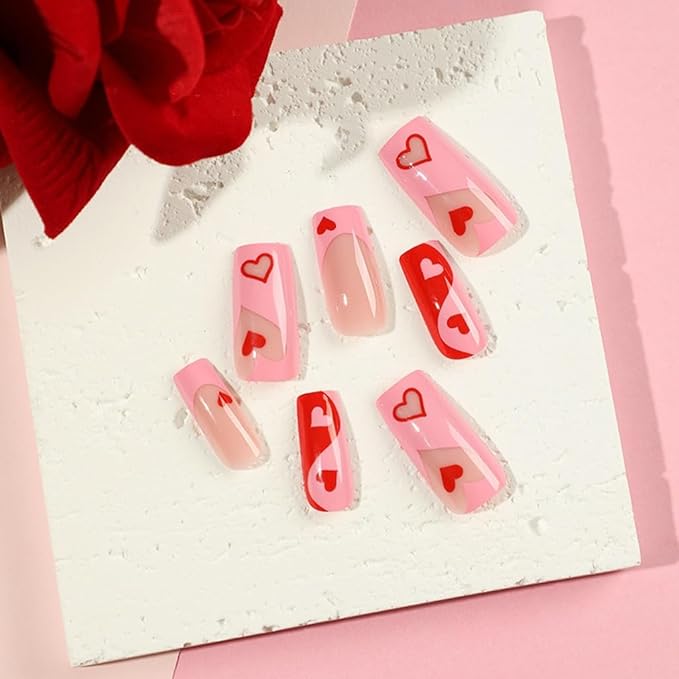 Coffin Press-on False Nails Medium Heart Pink French Tip Glossy Acrylic Nails 24 Pcs