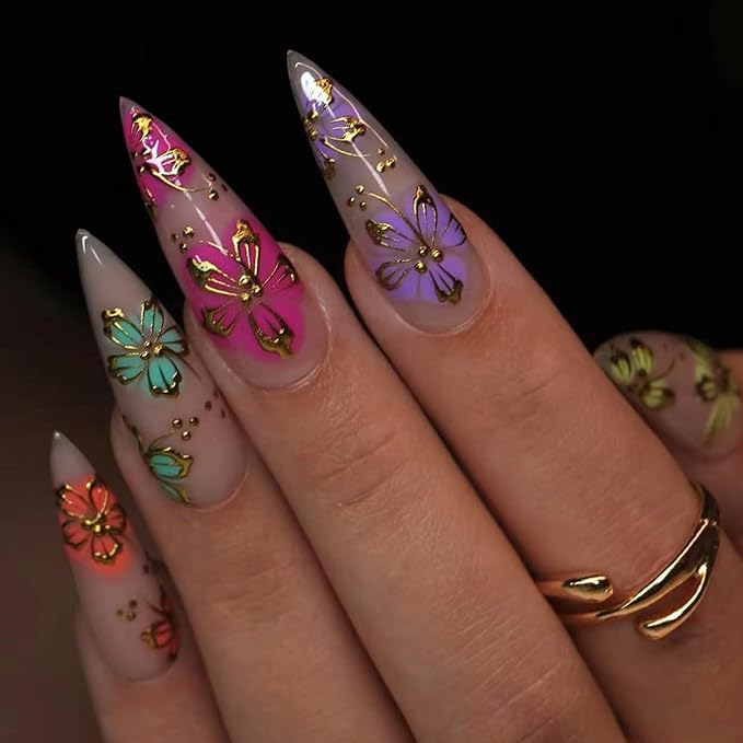 MISUD Press on Nails - Long Stiletto Fake Nails with Gold Chrome, Acrylic Colorful Flower Design 24 pcs
