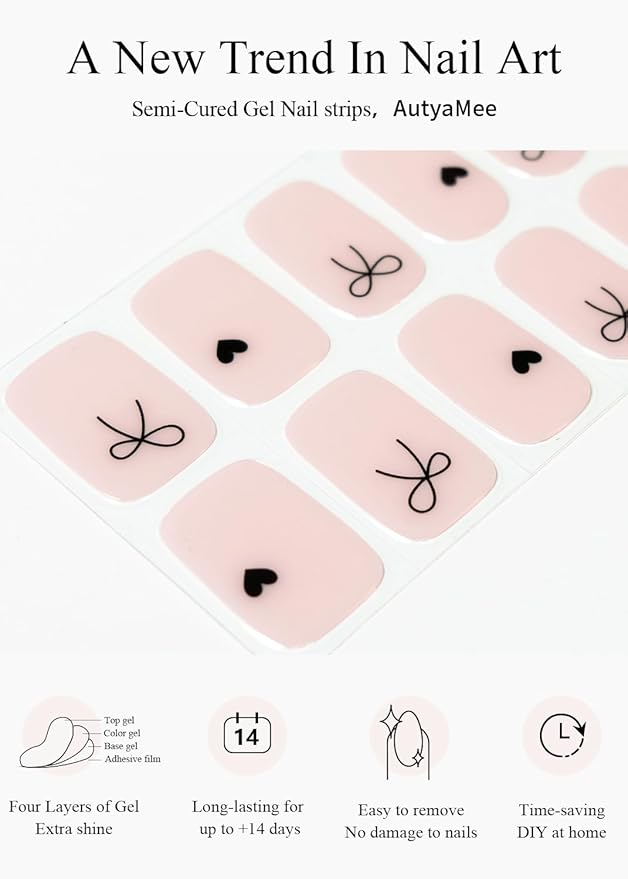 Semi Cured Gel Nail Strips (Black Bow), Jelly Nude, 20 Pcs Gel Nail Wraps, Stickers, UV Light Required, Salon Quality, Long Lasting
