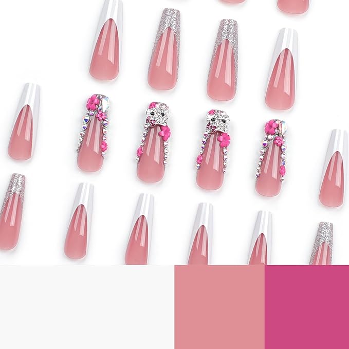24Pcs Christmas Artifical Acrylic Nails - Reusable Coffin Gold Sequins Charm Rhinestone Design Square Fake Nails Gradient Full Cover Glue on Nails for Women