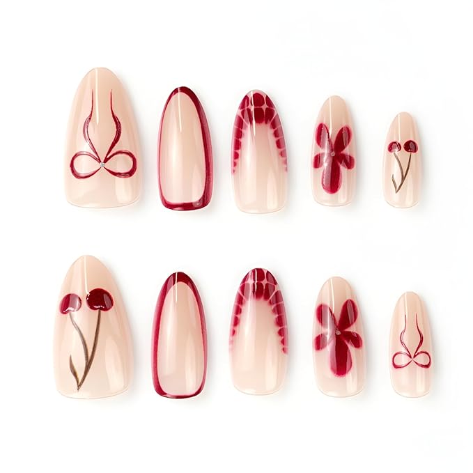 Flower Press on Nails Medium Almond Fake Nails French Tip Nails Press Ons Nude Purple False Nails Bow Glue on Nail Glossy Full Cover Stick on Nail for Women Decorations Set 24Pcs