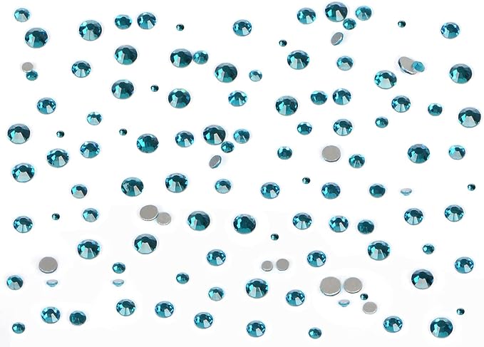 Bymitel 7200 Pieces 6 Mixed Sizes Glue Fix on Glass Rhinestones Round Crystal Gems Flatback for DIY Jewelry Making with one Picking Pen (6-Sizes 7200PCS, Blue Zircon)