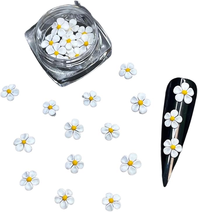 Set 30Pcs White 3D Flowers for Nails, Handmade 3D Acrylic Flowers for Nails, Flower Nail Charms Rhinestones Gems by Acrylic Powder Design Deco Nail Art Women Girls (White+Yellow pistil-30Pcs)