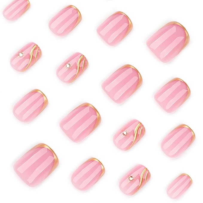 Press on Nails Square Fake Nails French Tip False Nails with Gold Line Star Design Glue on Nails Press ons Short Acrylic Nail Glossy Full Cover Stick on Nail for Women Manicure 24Pcs