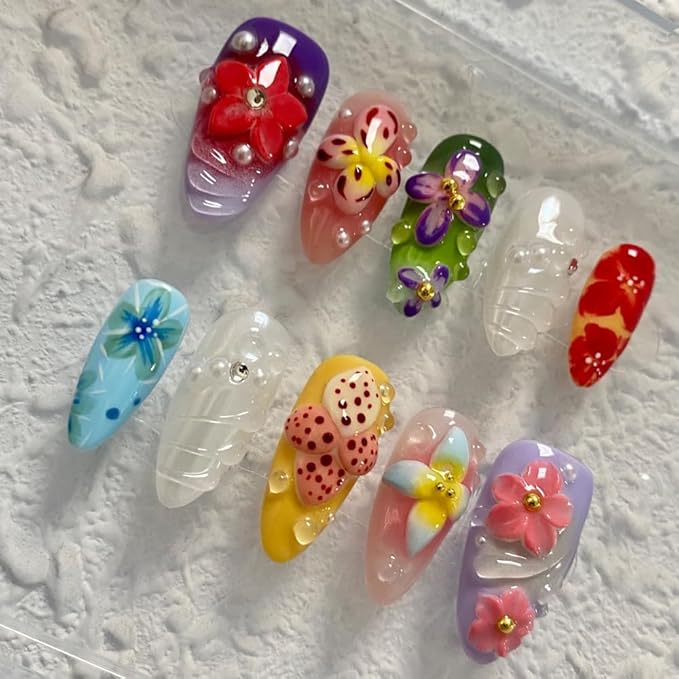 Medium Almond Handmade Unique Fake Nails, Artistic Design, Press On Nails Thick Acrylic and Muti-Layer Gel False Nails, Reusable 3D Fake Nails,DIY Art Decorate-M size