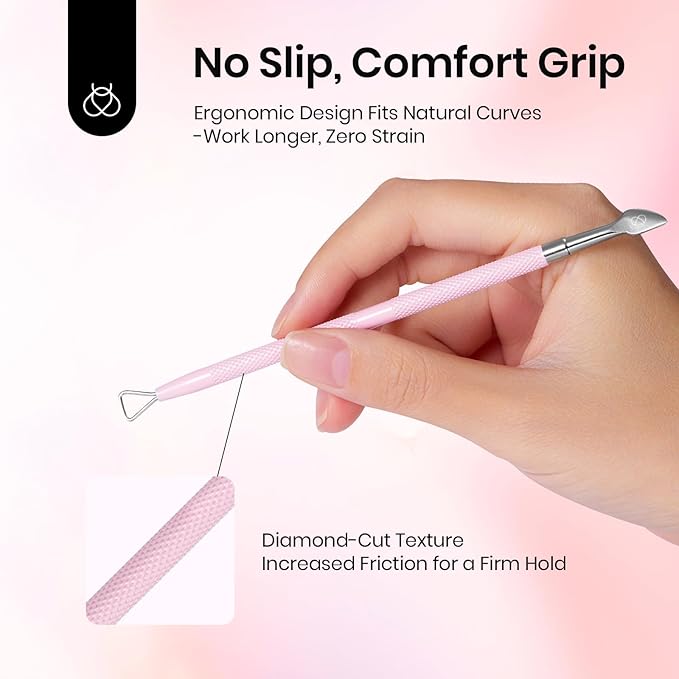 Beetles Gel Nail Remover Tool Dual-end Cuticle Pusher, Triangle End Remove Gel Polish Angled End Clean Crevice Dirt Two in One Tool Dead Skin Nail Scraper Stainless Steel Pink Remover Pusher
