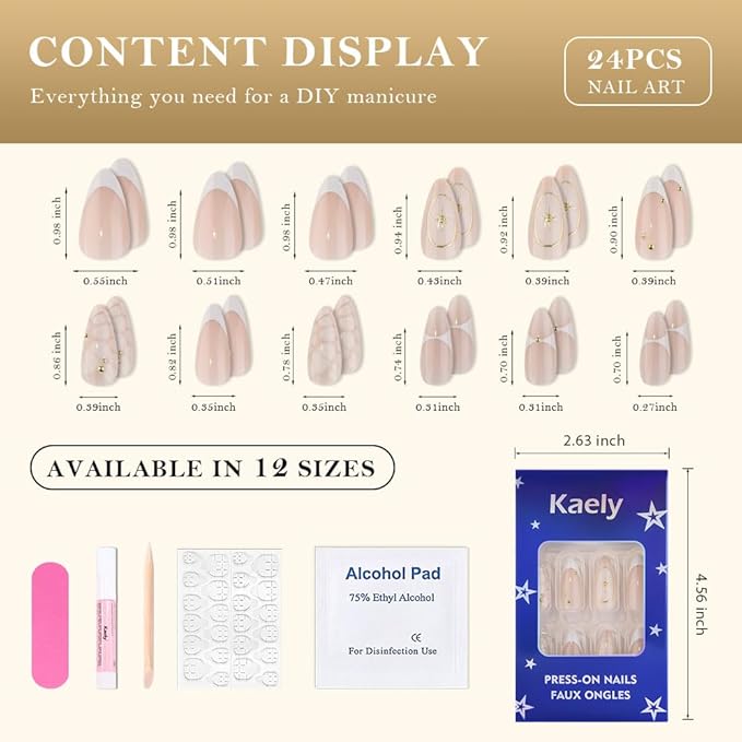 3D French Press on Nails Medium Almond with Bohemian Stars Design, Nude Nail + White Tip Glossy Stick on Nails for Women with Kit, Reusable Soft Gel Stick on Fake Nail with French Design Perfectly Fit