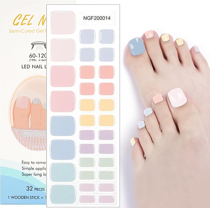 SILPECWEE Semi Cured Gel Nail Strips, Toenails Stickers Full Nail Wraps UV Light Required, Salon Quality, Easy to Apply & Remove, Toenail Strips for Women Girl (Candy-Colored Delight - 32PCS)