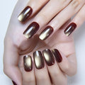 Brown Khaki Reflective Cat Eye Press on Nails Medium Square, Medium Square Press Stick on Nails Chrome for Women, Holographic Glitter Glossy Reusable Gel Acrylic Fake Nail with Designs Cateye Effect