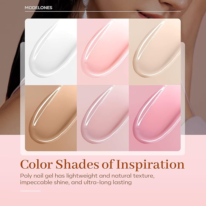 Modelones Poly Extension Gel Kit for Nail, 6 Colors Pink Nude Collection Poly Nail Gel Set Builder Gentle Colors French Manicure DIY Design Home Salon