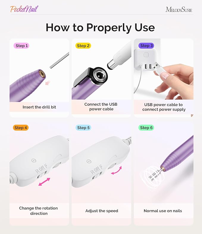 MelodySusie PocketNail Slim Ergonomic Pen-Shaped USB Nail Drill, PC100G 20000RPM Portable Electric File for All Manicure, Pedicure Nail Care, Shaping & Gel Removal at Home for Beginners