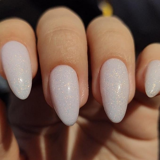 GLAMERMAID Nude White Glitter Press On Nails Short Almond, Translucence Milk White Handmade Soft Jelly Gel Fake Nails, Round Oval Stick Glue on Nails Kit for Women, Reusable Acrylic False Nail Set