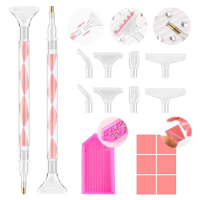 Rhinestone Picker Tool Kit: 2Pcs Rhinestone Picker Handle, Dual-Ended Rhinestones Applicator Dotting Pen with 12 Upgraded Plastic Replacement Tips, Clay, Bedazzling Tools for Nail Art Craft (Pink)